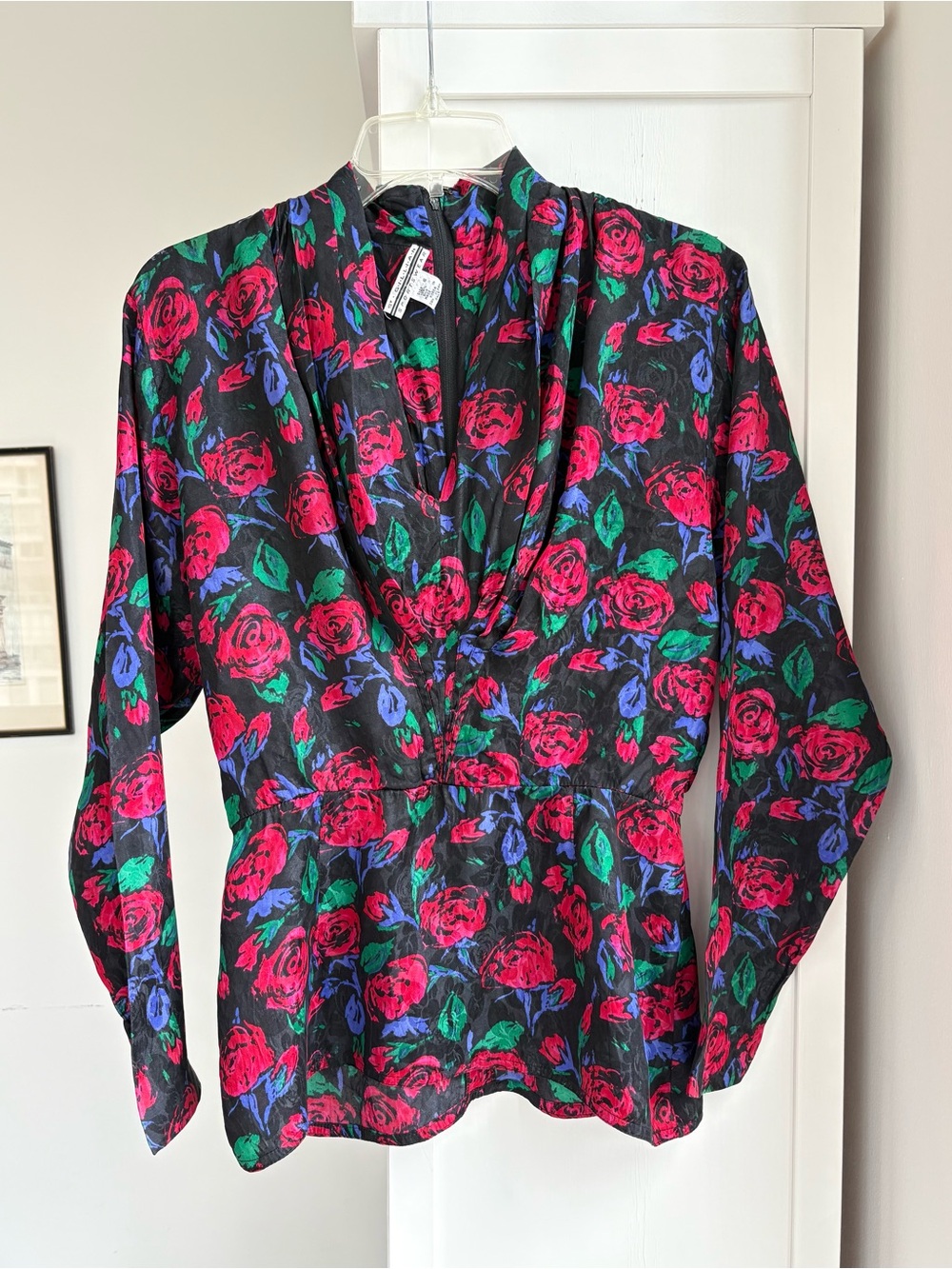 Vintage St. Gillian Sport Black Rose Floral Blouse Size 6 Romantic Cottagecore